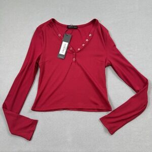 NWT S.DEER Ribbed Top Womens L Red Long Sleeve Henley Top Snap Button V Neck